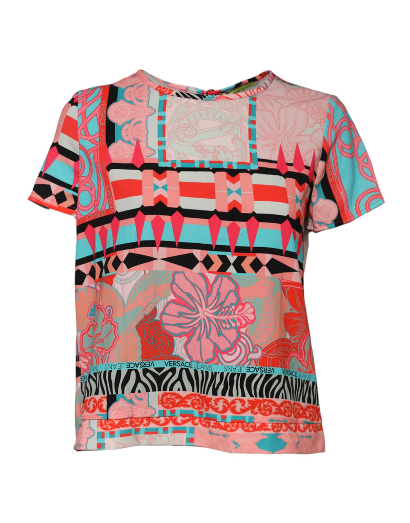 Multicolor Print Short Sleeves Women Blouse TopVERSACE JEANS Gorgeous brand new, 100% Authentic VERSACE JEANS casual short sleeves blouse. Model: Blouse top Color: Multicolor Material: 89% Polyester 11% Elastane Logo details Made in ItalyMulticolor Print