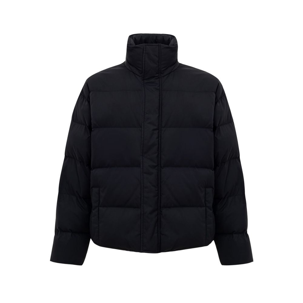Black Polyamide Jackets & CoatBalenciaga Black Padded Puffy Jacket. Front fastening with zip and covered buttons, high collar, two side pockets closed with buttons, internal pocket with zip, elastic waist. On the back embroidered BB logo in white. Composi