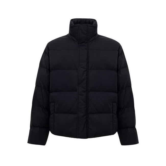 Black Polyamide Jackets & CoatBalenciaga Black Padded Puffy Jacket. Front fastening with zip and covered buttons, high collar, two side pockets closed with buttons, internal pocket with zip, elastic waist. On the back embroidered BB logo in white. Composi