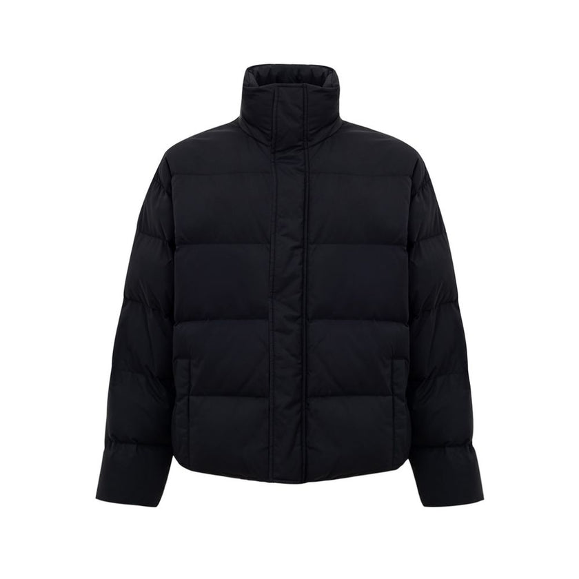 Black Polyamide Jackets & CoatBalenciaga Black Padded Puffy Jacket. Front fastening with zip and covered buttons, high collar, two side pockets closed with buttons, internal pocket with zip, elastic waist. On the back embroidered BB logo in white. Composi