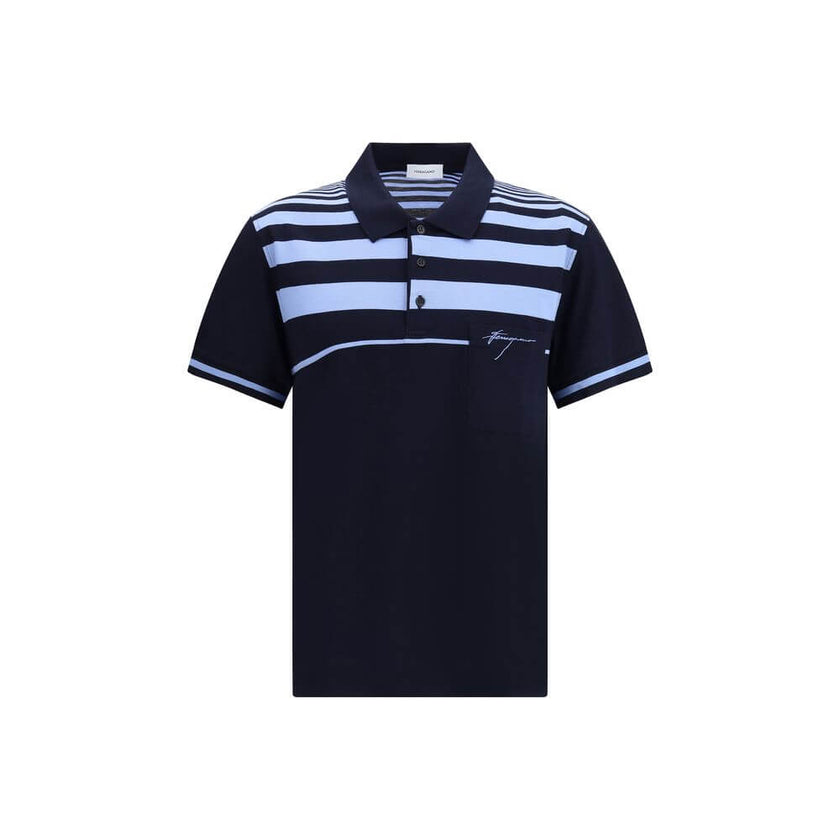 Blue Cotton Polo ShirtThe Cotton Polo Shirt by Ferragamo is a perfect balance of elegance and casual style. Featuring a classic collar and front buttons, it features a welt pocket embellished with the brand’s contrasting signature. Practical side slits an