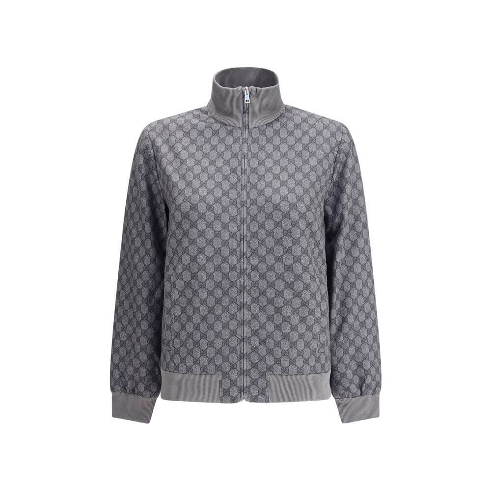 Gray Polyester SweatshirtGucci Sweatshirt with front zipper closure and ribbed high neck. The design is completed with ribbed cuffs and hem, as well as two practical side welt pockets. The iconic GG motif is repeated all-over, giving the garment a distinc