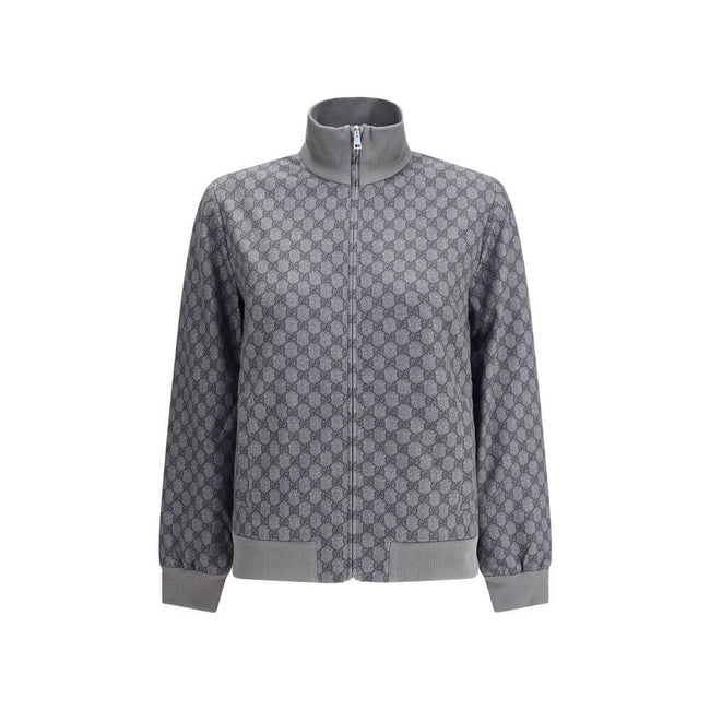 Gray Polyester SweatshirtGucci Sweatshirt with front zipper closure and ribbed high neck. The design is completed with ribbed cuffs and hem, as well as two practical side welt pockets. The iconic GG motif is repeated all-over, giving the garment a distinc