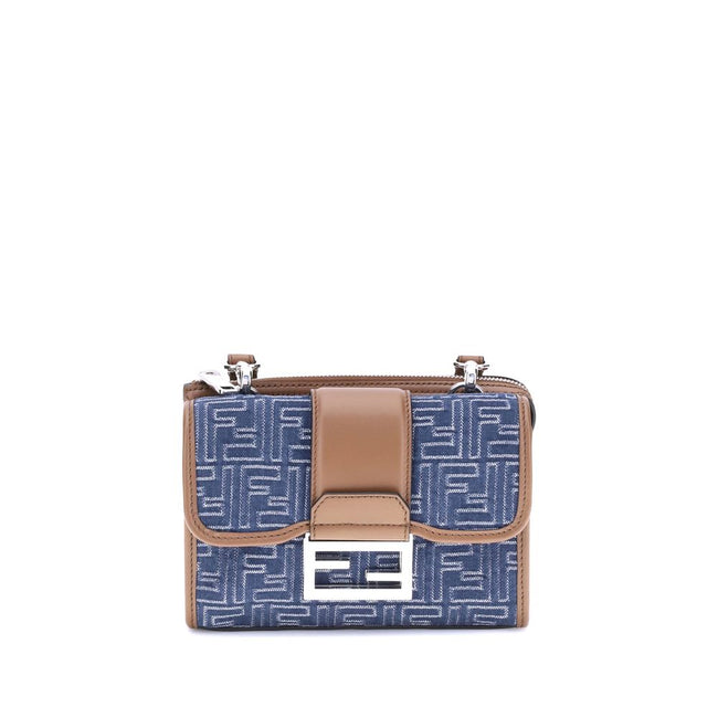 Blue Cotton Shoulder BagFendi’s Baguette Double Shoulder Bag made of denim-effect FF Jacquard is a practical and fashionable accessory, organized in two compartments, one with a square flap and FF magnetic closure, the other closed with a zipper. It featu