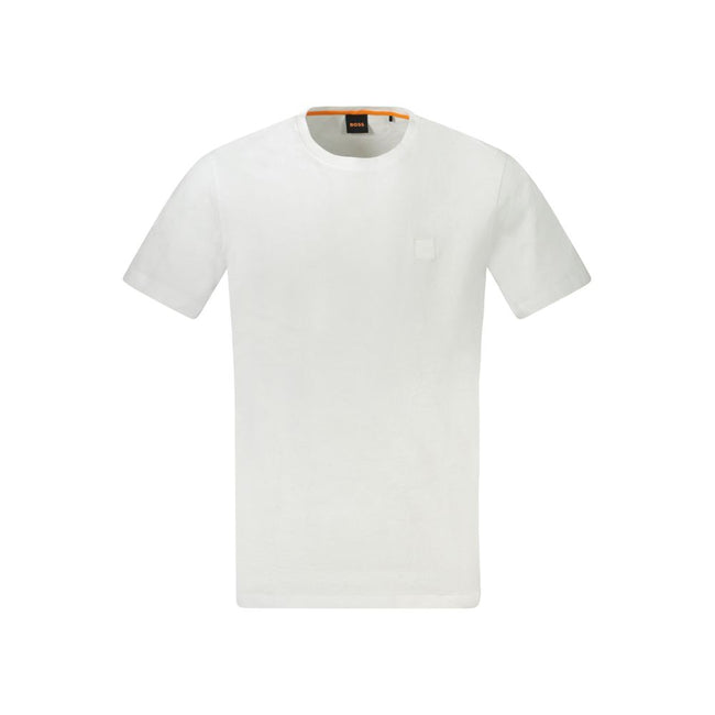 White Cotton Men T-ShirtEmbrace the epitome of contemporary sophistication with this Hugo Boss short-sleeve T-shirt. Crafted from premium cotton for unparalleled comfort, it boasts a classic crew neck cut that makes a statement with its bold embroidery an
