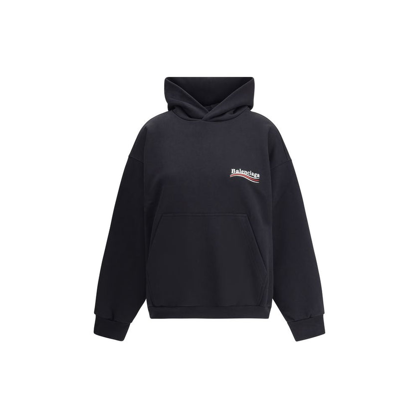 Black Cotton SweatshirtCotton Hoodie by Balenciaga features an oversized cut with a bold character. The design features a double-slider front zipper, two patch welt pockets on the front, and ribbed cuffs and hem for a structured fit. The iconic contrastin