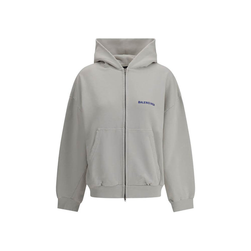 Gray Cotton SweatshirtCotton Hoodie by Balenciaga features a vintage worn-in design. Featuring a double-slider front zipper, it has two patch welt pockets on the front for a practical and functional style. Ribbed cuffs and hem ensure a comfortable, struct