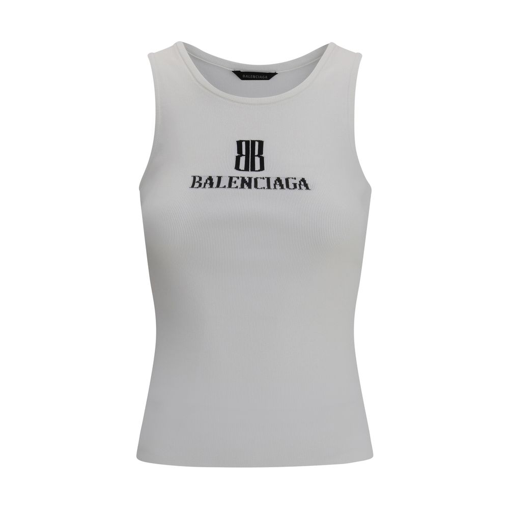 White Viscose TopTop by Balenciaga, featuring the iconic contrast monogram printed on the front. Made of stretch fabric, this style features a slim fit that enhances the silhouette, perfect for modern, minimalist looks. Ideal to wear alone or paired with
