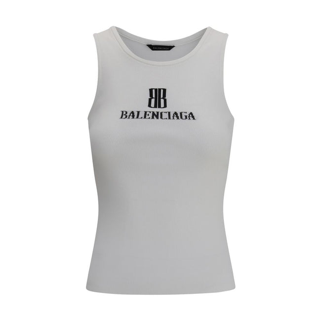 White Viscose TopTop by Balenciaga, featuring the iconic contrast monogram printed on the front. Made of stretch fabric, this style features a slim fit that enhances the silhouette, perfect for modern, minimalist looks. Ideal to wear alone or paired with