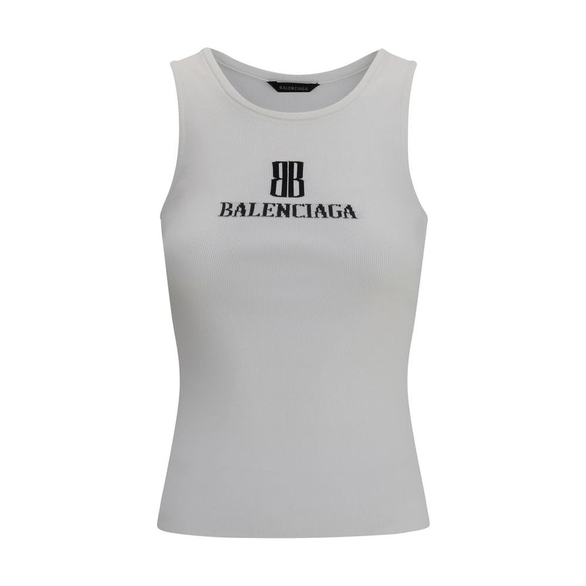 White Viscose TopTop by Balenciaga, featuring the iconic contrast monogram printed on the front. Made of stretch fabric, this style features a slim fit that enhances the silhouette, perfect for modern, minimalist looks. Ideal to wear alone or paired with