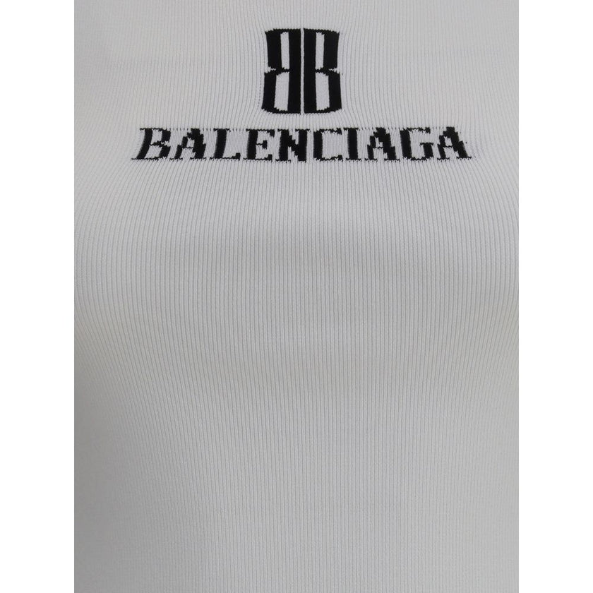 White Viscose TopTop by Balenciaga, featuring the iconic contrast monogram printed on the front. Made of stretch fabric, this style features a slim fit that enhances the silhouette, perfect for modern, minimalist looks. Ideal to wear alone or paired with
