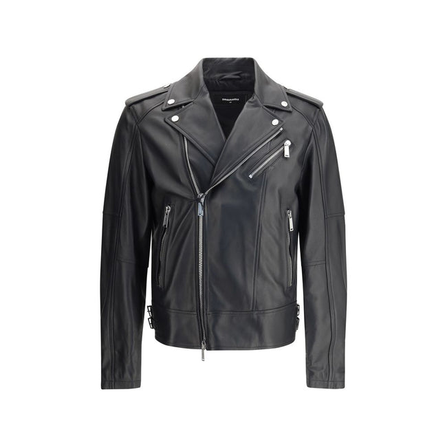 Black Calf Leather Bos Taurus Biker JacketDsquared2’s Kiodo leather Jacket features a lapel collar and a double-breasted, double-slider zipper closure. The functional design includes two zippered pockets, a heart point pocket also zippered, and zippered s