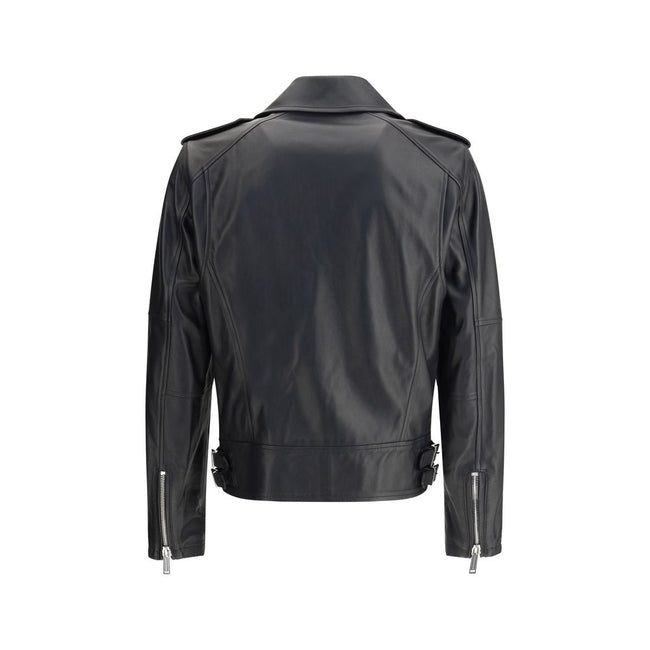 Black Calf Leather Bos Taurus Biker JacketDsquared2’s Kiodo leather Jacket features a lapel collar and a double-breasted, double-slider zipper closure. The functional design includes two zippered pockets, a heart point pocket also zippered, and zippered s