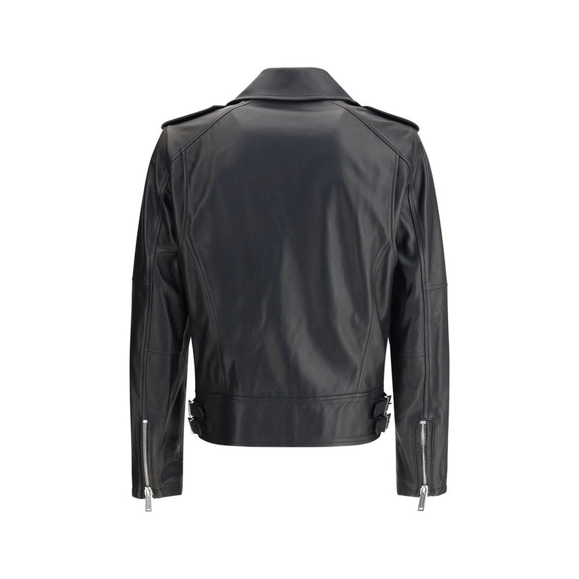 Black Calf Leather Bos Taurus Biker JacketDsquared2’s Kiodo leather Jacket features a lapel collar and a double-breasted, double-slider zipper closure. The functional design includes two zippered pockets, a heart point pocket also zippered, and zippered s