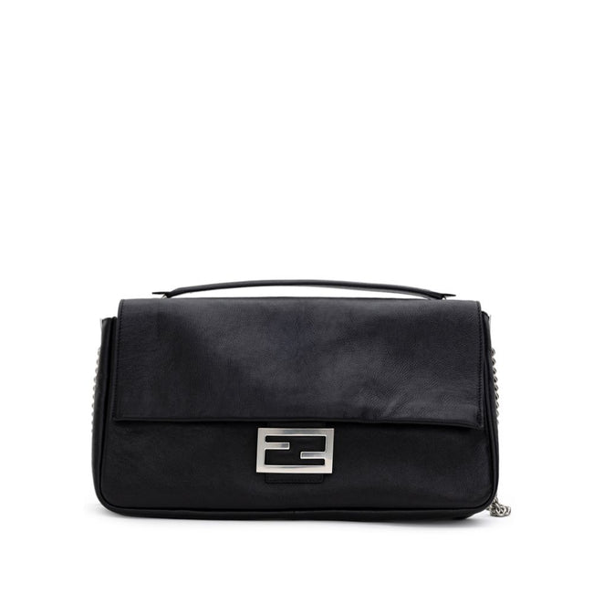 Black Leather Shoulder BagFendi Shoulder Baguette Bag. Black leather, front covered snap button closure, metal logo buckle, chain with satin aged effect, single interior compartment with zipper pocket, soft leather. Composition: 100% Leather Inner SKU: 25