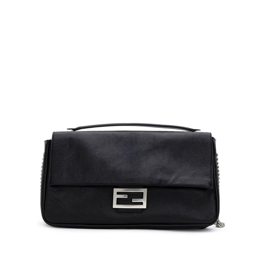 Black Leather Shoulder BagFendi Shoulder Baguette Bag. Black leather, front covered snap button closure, metal logo buckle, chain with satin aged effect, single interior compartment with zipper pocket, soft leather. Composition: 100% Leather Inner SKU: 25