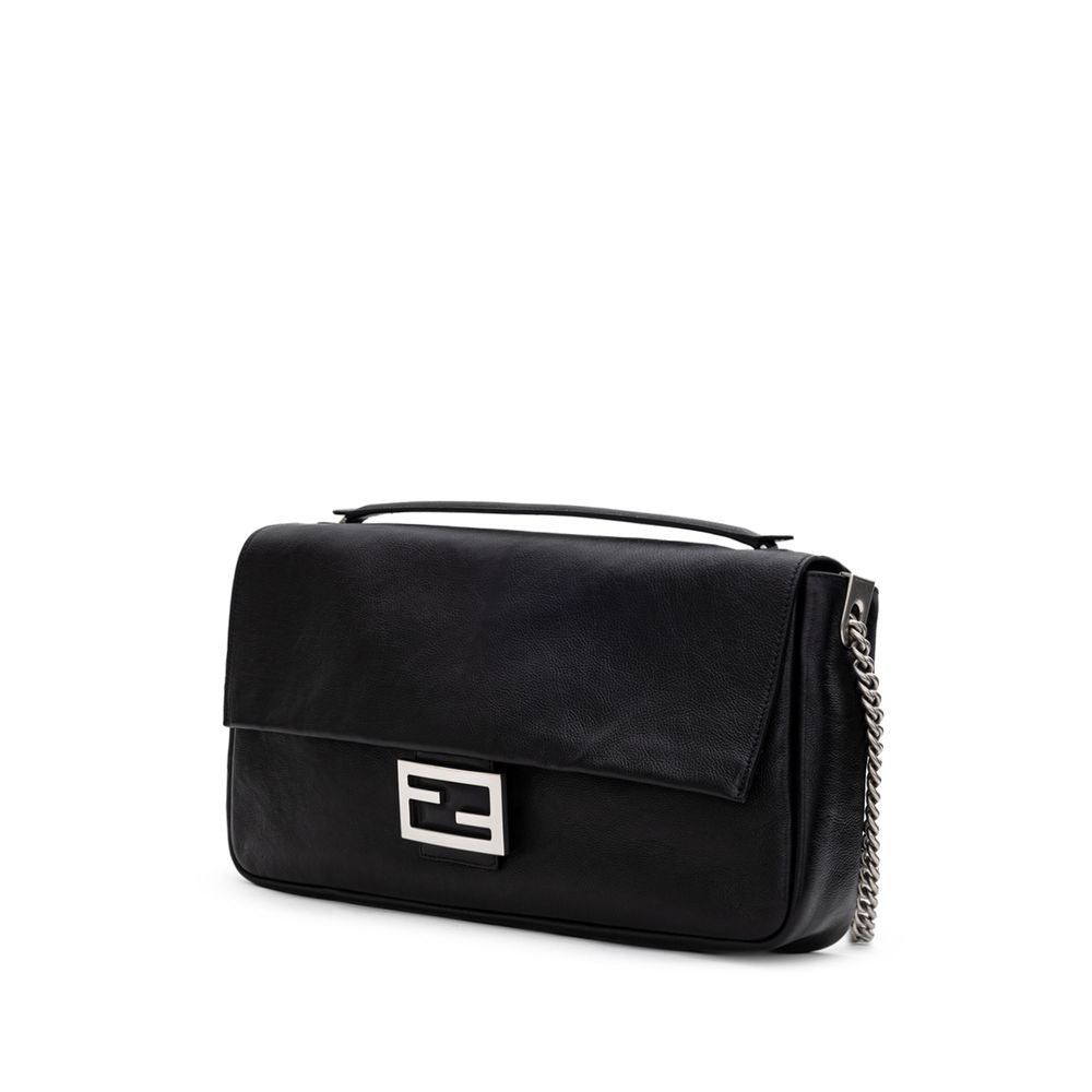 Black Leather Shoulder BagFendi Shoulder Baguette Bag. Black leather, front covered snap button closure, metal logo buckle, chain with satin aged effect, single interior compartment with zipper pocket, soft leather. Composition: 100% Leather Inner SKU: 25