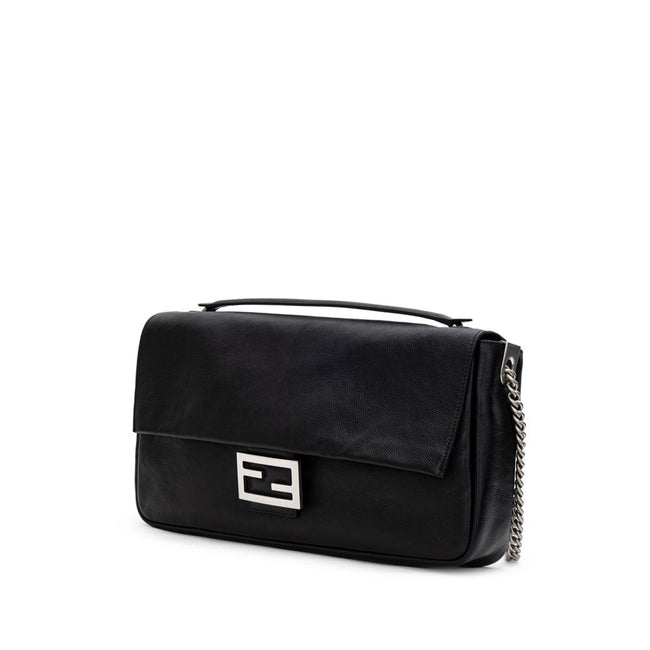 Black Leather Shoulder BagFendi Shoulder Baguette Bag. Black leather, front covered snap button closure, metal logo buckle, chain with satin aged effect, single interior compartment with zipper pocket, soft leather. Composition: 100% Leather Inner SKU: 25