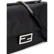 Black Leather Shoulder BagFendi Shoulder Baguette Bag. Black leather, front covered snap button closure, metal logo buckle, chain with satin aged effect, single interior compartment with zipper pocket, soft leather. Composition: 100% Leather Inner SKU: 25