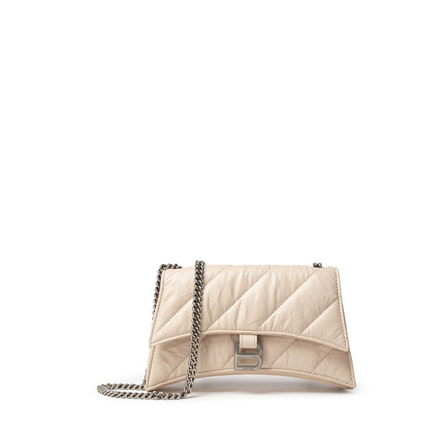 Beige Leather Shoulder BagBalenciaga Small Crush Bag in Beige with Chain. In quilted leather with a wrinkled effect, front closure with covered snap button and metal BB logo. Internal compartment and zip pocket, compartments and metal chain. Composition:
