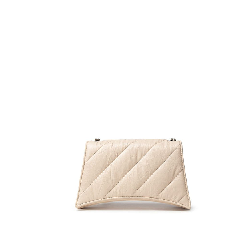 Beige Leather Shoulder BagBalenciaga Small Crush Bag in Beige with Chain. In quilted leather with a wrinkled effect, front closure with covered snap button and metal BB logo. Internal compartment and zip pocket, compartments and metal chain. Composition: