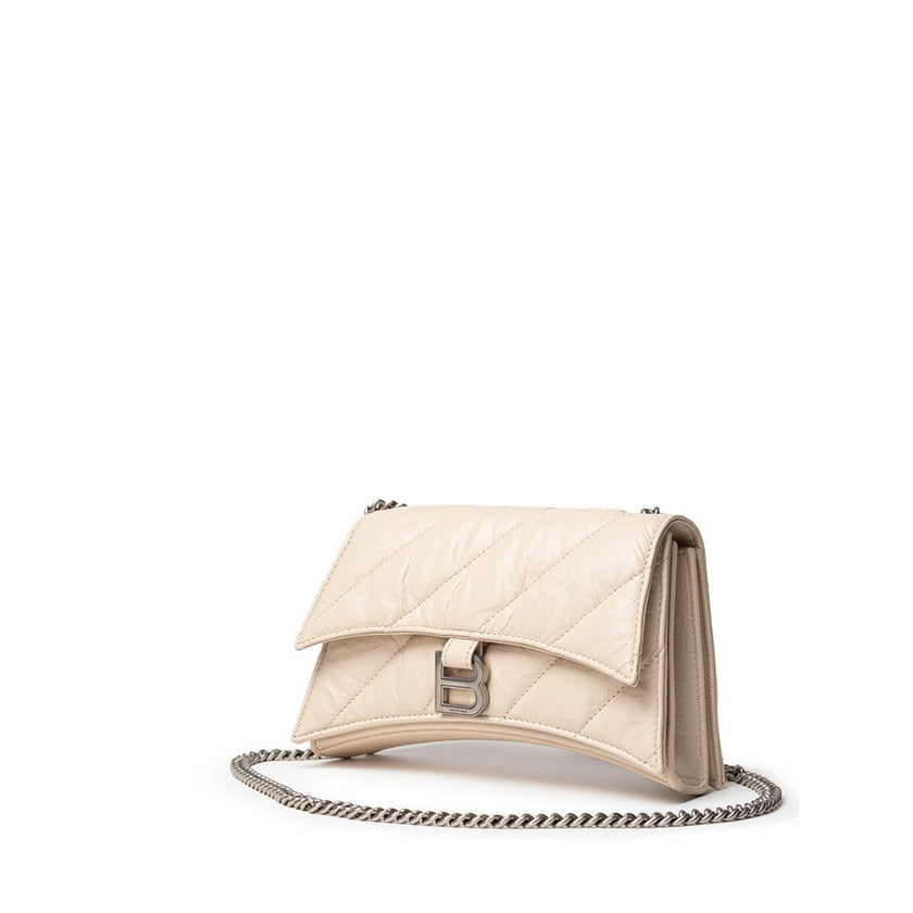 Beige Leather Shoulder BagBalenciaga Small Crush Bag in Beige with Chain. In quilted leather with a wrinkled effect, front closure with covered snap button and metal BB logo. Internal compartment and zip pocket, compartments and metal chain. Composition: