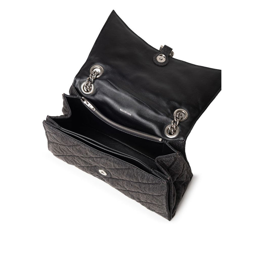 Black Fabric And Leather Shoulder BagCrush Medium Denim Shoulder Bag. In black denim, iconic and slightly curved structured shape, chain shoulder strap and metal logo on the front. Covered snap button closure, two internal compartments and zip pocket Comp
