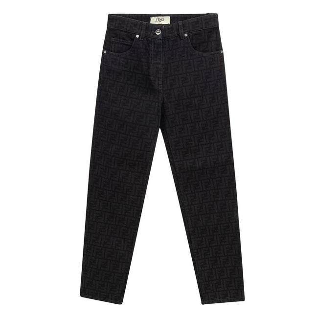 Black Cotton Slim Fit JeansBlack Fendi Logo Jacquard Jeans. In Black Cotton, five pockets, button and covered zipper closure, on back leather tag with engraved logo. Tone-on-tone allover logo printed all over the pants. Slim fit. Sku Brand : FLP851AT1B It