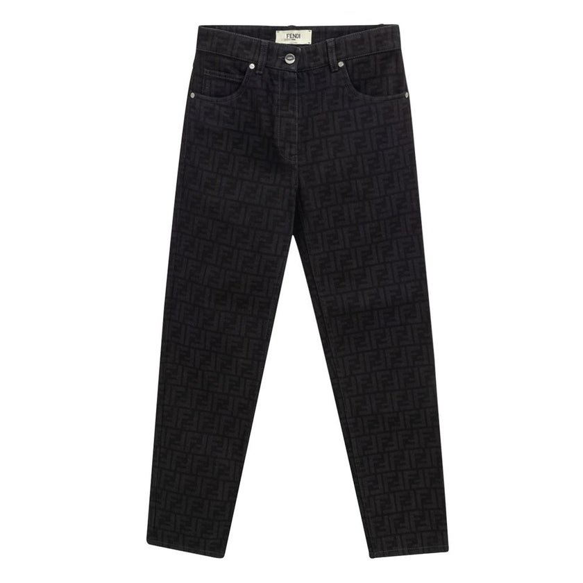 Black Cotton Slim Fit JeansBlack Fendi Logo Jacquard Jeans. In Black Cotton, five pockets, button and covered zipper closure, on back leather tag with engraved logo. Tone-on-tone allover logo printed all over the pants. Slim fit. Sku Brand : FLP851AT1B It