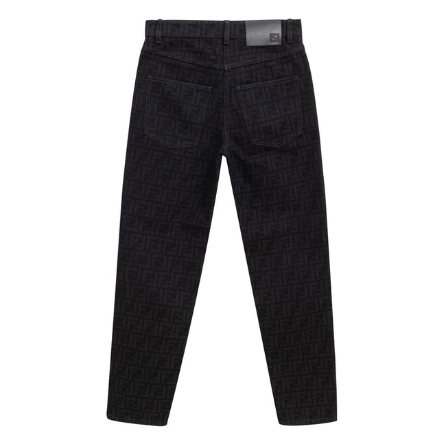 Black Cotton Slim Fit JeansBlack Fendi Logo Jacquard Jeans. In Black Cotton, five pockets, button and covered zipper closure, on back leather tag with engraved logo. Tone-on-tone allover logo printed all over the pants. Slim fit. Sku Brand : FLP851AT1B It