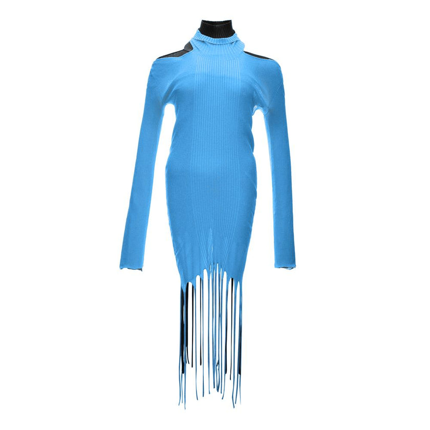 Blue Cotton Casual DressBottega Veneta Ribbed Fringe Dress Stretch halterneck Checkered back Fully lined Lightweight ribbed fabric Dry clean only Fringed trim Elastic fit 57% cotton, 43% silk Made in : Italy Brand Sku : 631326 VKWM0 Internal Sku : 24DEC17