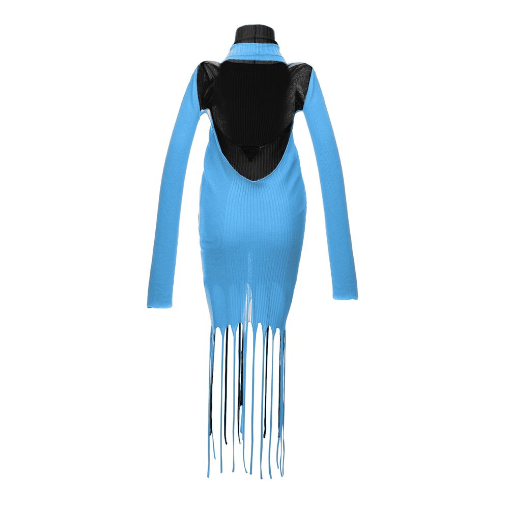 Blue Cotton Casual DressBottega Veneta Ribbed Fringe Dress Stretch halterneck Checkered back Fully lined Lightweight ribbed fabric Dry clean only Fringed trim Elastic fit 57% cotton, 43% silk Made in : Italy Brand Sku : 631326 VKWM0 Internal Sku : 24DEC17