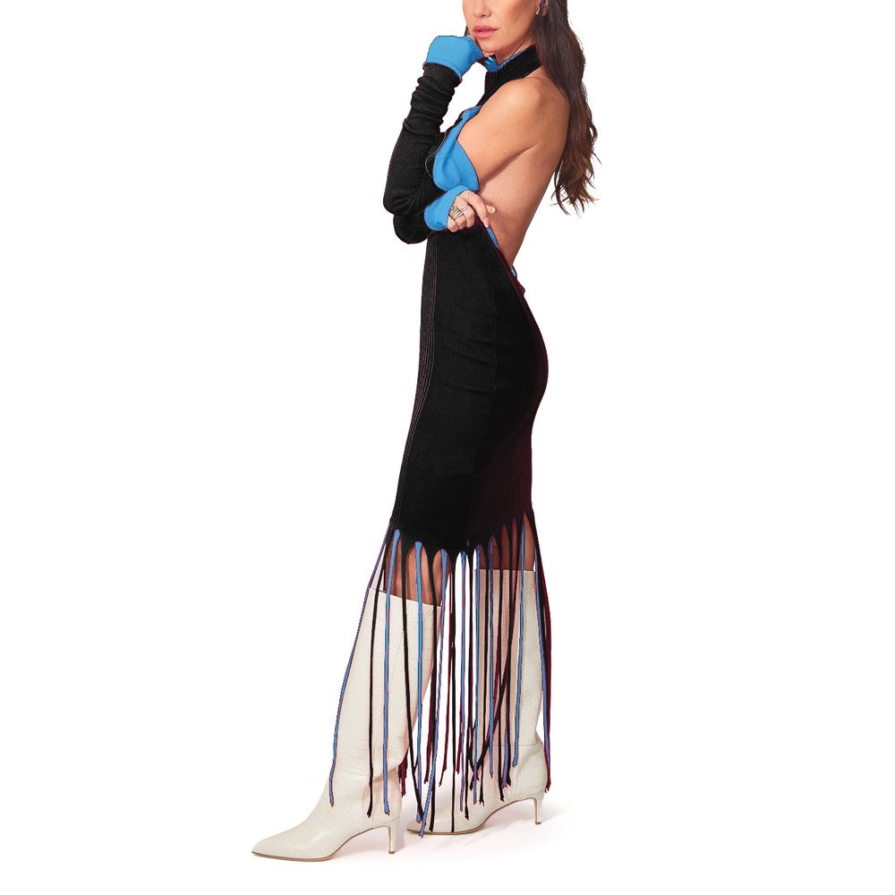 Blue Cotton Casual DressBottega Veneta Ribbed Fringe Dress Stretch halterneck Checkered back Fully lined Lightweight ribbed fabric Dry clean only Fringed trim Elastic fit 57% cotton, 43% silk Made in : Italy Brand Sku : 631326 VKWM0 Internal Sku : 24DEC17