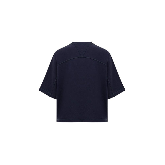 Blue Cotton T-ShirtBottega Veneta Blue Square Neck Cropped T-Shirt. In double Japanese cotton jersey, black, short sleeves, straight bottom, oversized fit. Composition: 100% Cotton Brand SKU: 707791VKLZ0032 4038 Internal SKU: 25MAR122Blue Cotton T-Shirt${