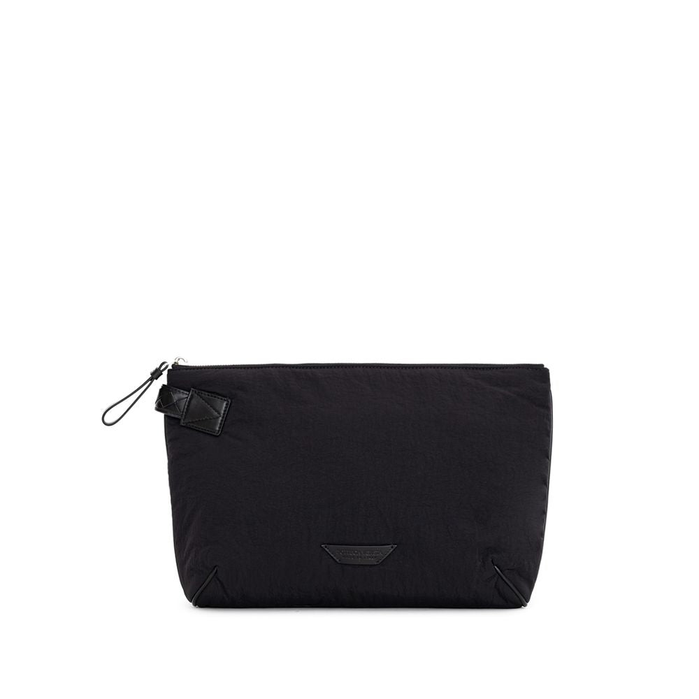 Black Nylon Clutch BagBottega Veneta Black Nylon Light Paper Clutch. Padded nylon clutch bag, top zip opening and leather pull. Single compartment, inside pocket. Leather tag with tone-on-tone printed logo, removable leather handle with woven motif. Compo