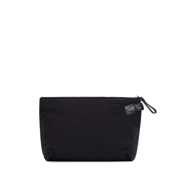 Black Nylon Clutch BagBottega Veneta Black Nylon Light Paper Clutch. Padded nylon clutch bag, top zip opening and leather pull. Single compartment, inside pocket. Leather tag with tone-on-tone printed logo, removable leather handle with woven motif. Compo