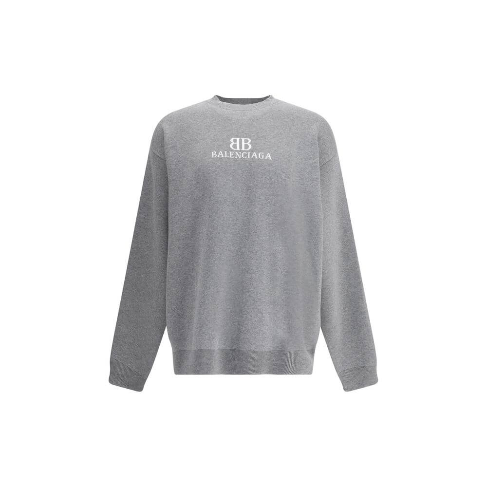 Gray Cotton SweatshirtCotton Sweater by Balenciaga features a ribbed crew neck that ensures comfort and style. The garment features the iconic contrasting monogram on the front, a distinctive element that enhances the design. Ribbed cuffs and hem complete