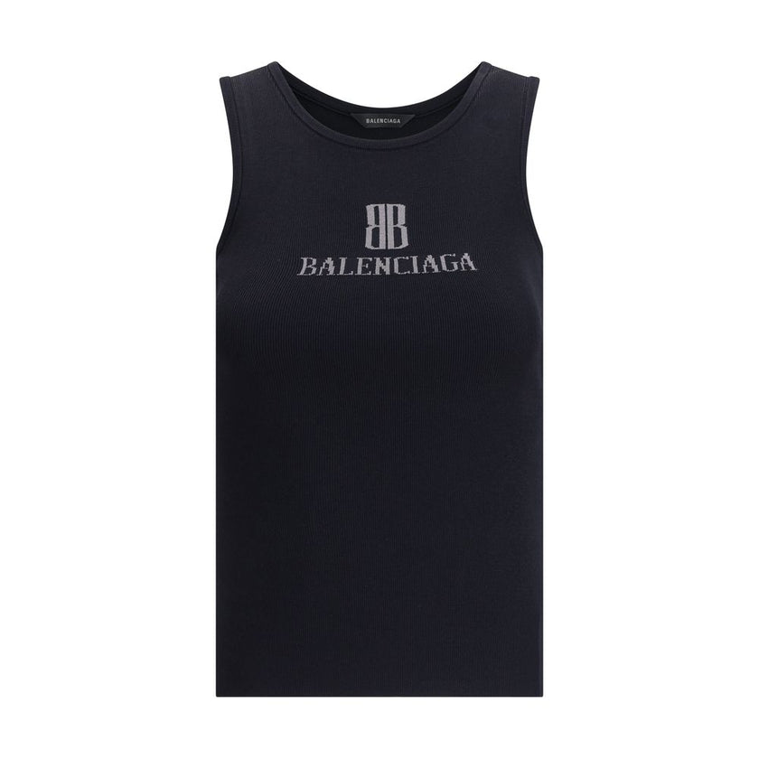 Black Viscose TopTop by Balenciaga, featuring the iconic contrast monogram printed on the front. Made of stretch fabric, this style features a slim fit that enhances the silhouette, perfect for modern, minimalist looks. Ideal to wear alone or paired with