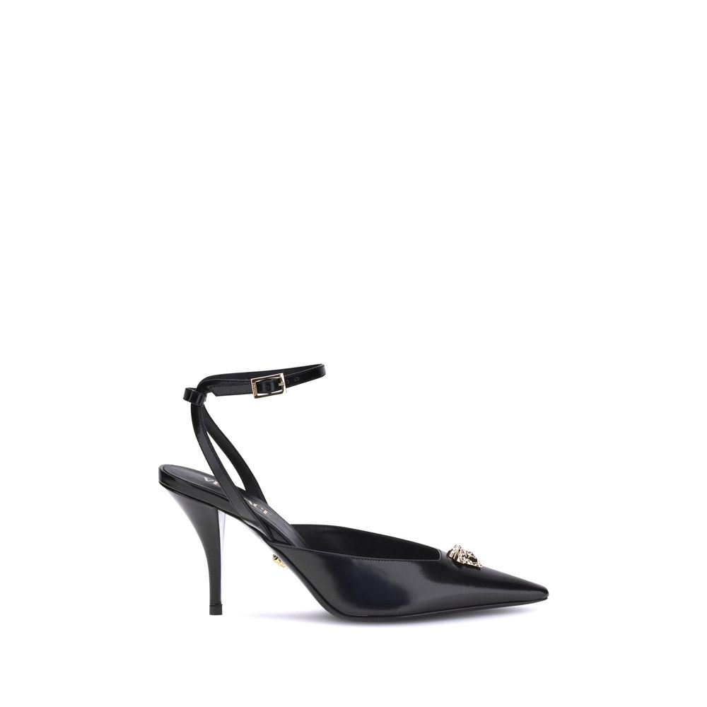 Black Calf Leather Bos Taurus High Heel PumpsVersace’s Medusa Décolleté is an elegant and bold slingback made of patent calfskin with a tapered toe. The sleek stiletto heel enhances femininity, while the iconic La Medusa accessory on the upper adds a dist