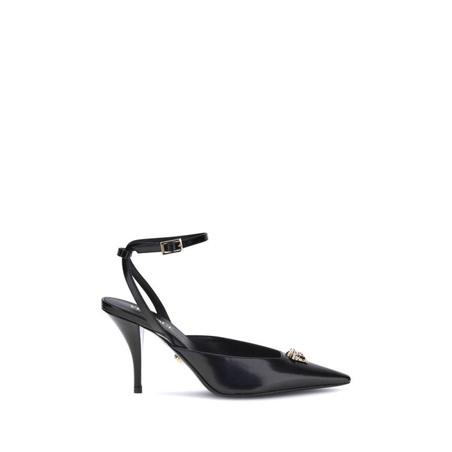 Black Calf Leather Bos Taurus High Heel PumpsVersace’s Medusa Décolleté is an elegant and bold slingback made of patent calfskin with a tapered toe. The sleek stiletto heel enhances femininity, while the iconic La Medusa accessory on the upper adds a dist