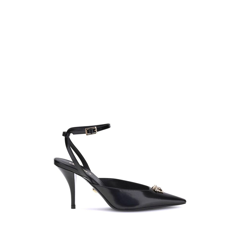 Black Calf Leather Bos Taurus High Heel PumpsVersace’s Medusa Décolleté is an elegant and bold slingback made of patent calfskin with a tapered toe. The sleek stiletto heel enhances femininity, while the iconic La Medusa accessory on the upper adds a dist