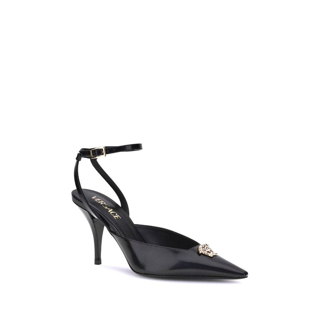 Black Calf Leather Bos Taurus High Heel PumpsVersace’s Medusa Décolleté is an elegant and bold slingback made of patent calfskin with a tapered toe. The sleek stiletto heel enhances femininity, while the iconic La Medusa accessory on the upper adds a dist