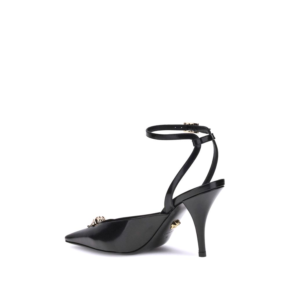 Black Calf Leather Bos Taurus High Heel PumpsVersace’s Medusa Décolleté is an elegant and bold slingback made of patent calfskin with a tapered toe. The sleek stiletto heel enhances femininity, while the iconic La Medusa accessory on the upper adds a dist