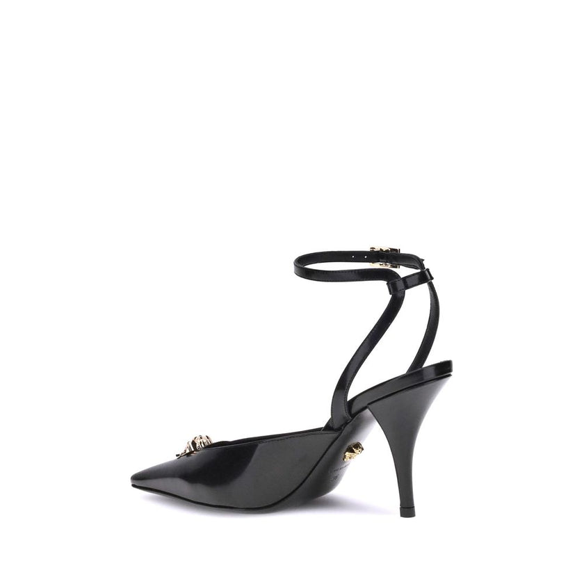 Black Calf Leather Bos Taurus High Heel PumpsVersace’s Medusa Décolleté is an elegant and bold slingback made of patent calfskin with a tapered toe. The sleek stiletto heel enhances femininity, while the iconic La Medusa accessory on the upper adds a dist
