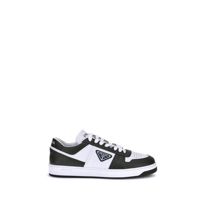 Black Calf Leather Bos Taurus Low Top SneakersStylish and contemporary leather Downtown Sneakers by Prada, these sneakers feature a front lace-up closure and the brand’s signature enameled triangular logo plaque applied to the side panel. The round, perfo