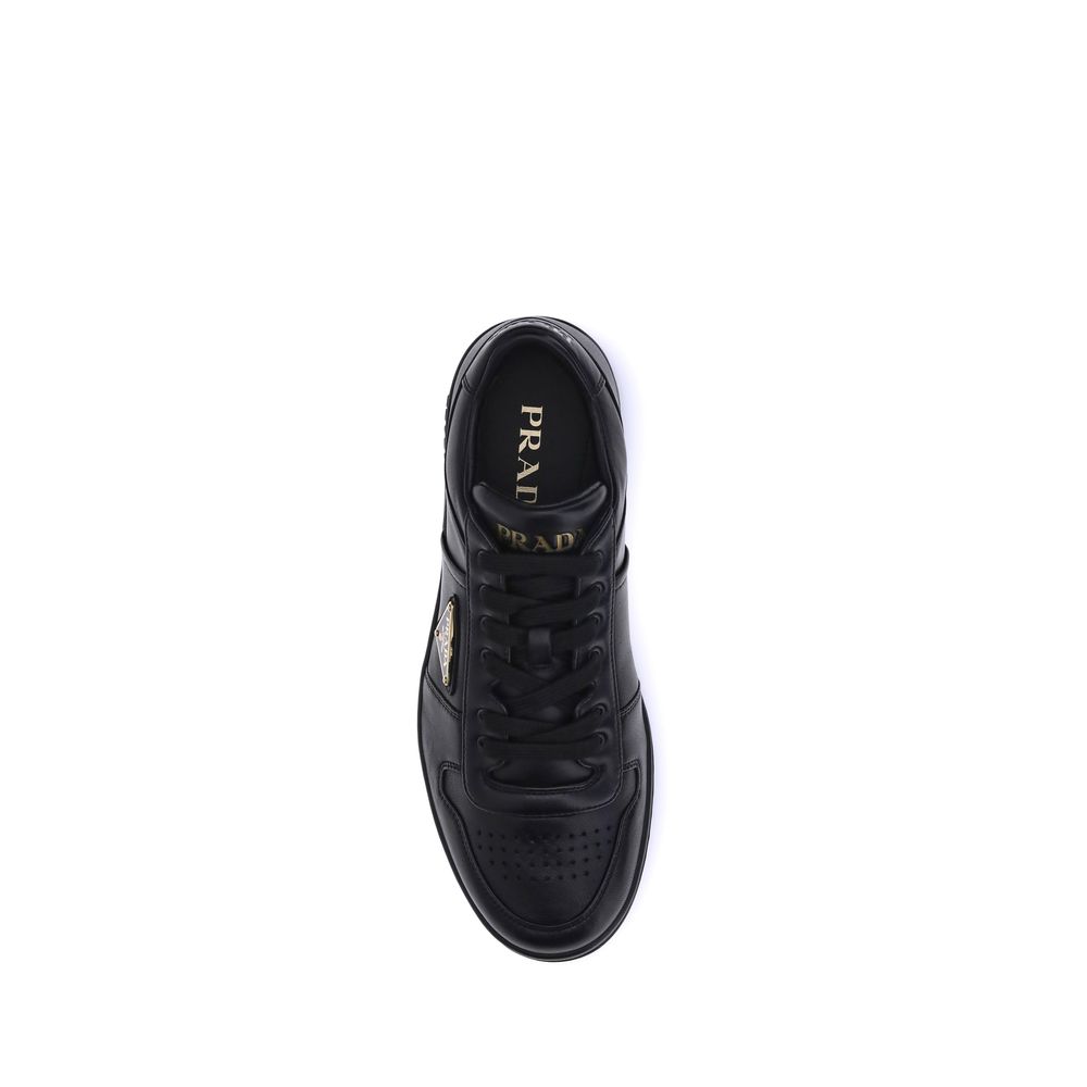 Downtown SneakersPrada’s Downtown leather Sneakers combine sporty lines and iconic details in a refined design. Featuring a paneled construction, they feature a lace-up front closure, perforated round toe and flat sole. The iconic triangular enameled Prad