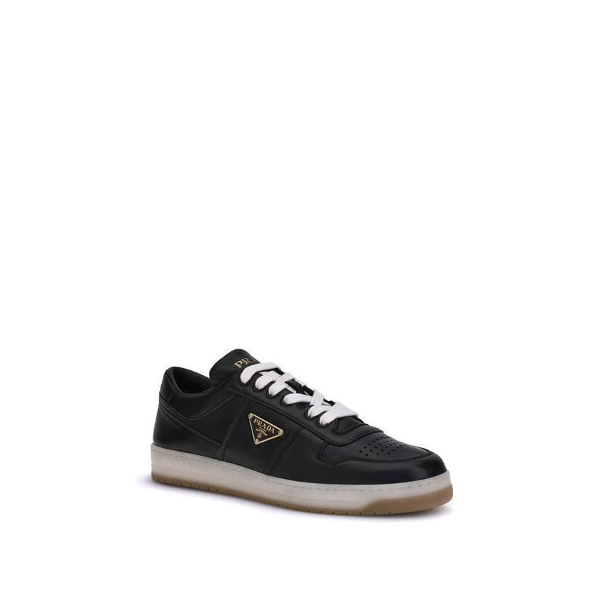 Black Calf Leather Bos Taurus Low Top SneakersPrada’s Downtown leather Sneakers combine sporty lines and iconic details in a refined design. Featuring a paneled construction, they feature a lace-up front closure, perforated round toe and flat sole. The ic