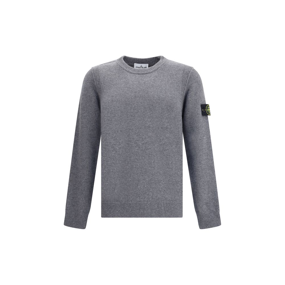Gray Wool SweatshirtWool Sweater by Stone Island featuring a ribbed crew neck, a logo patch applied to the left sleeve and ribbed trim at the cuffs and hem. The monochrome design enhances the clean lines of the garment, perfect for a casual yet polished l
