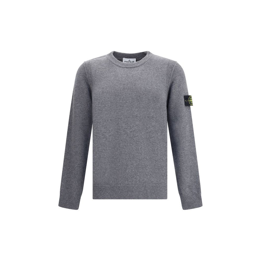 Gray Wool SweatshirtWool Sweater by Stone Island featuring a ribbed crew neck, a logo patch applied to the left sleeve and ribbed trim at the cuffs and hem. The monochrome design enhances the clean lines of the garment, perfect for a casual yet polished l