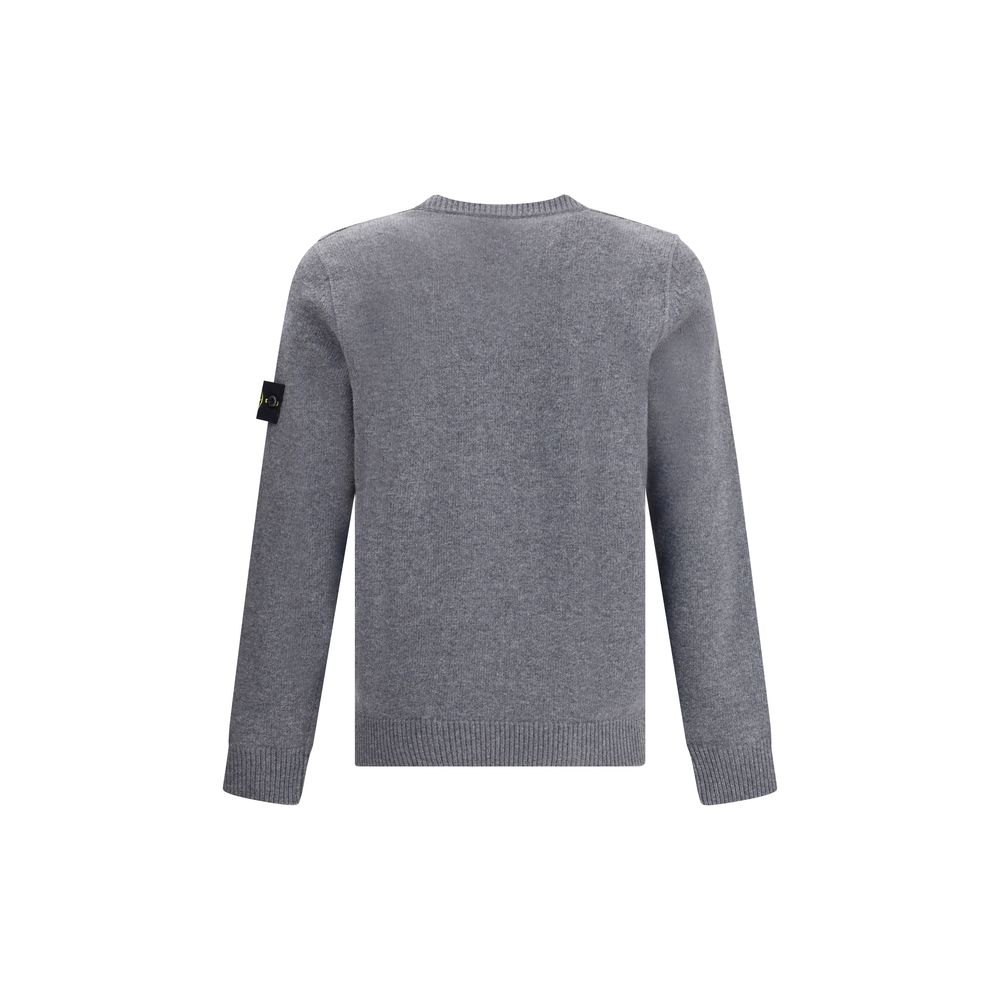 Gray Wool SweatshirtWool Sweater by Stone Island featuring a ribbed crew neck, a logo patch applied to the left sleeve and ribbed trim at the cuffs and hem. The monochrome design enhances the clean lines of the garment, perfect for a casual yet polished l